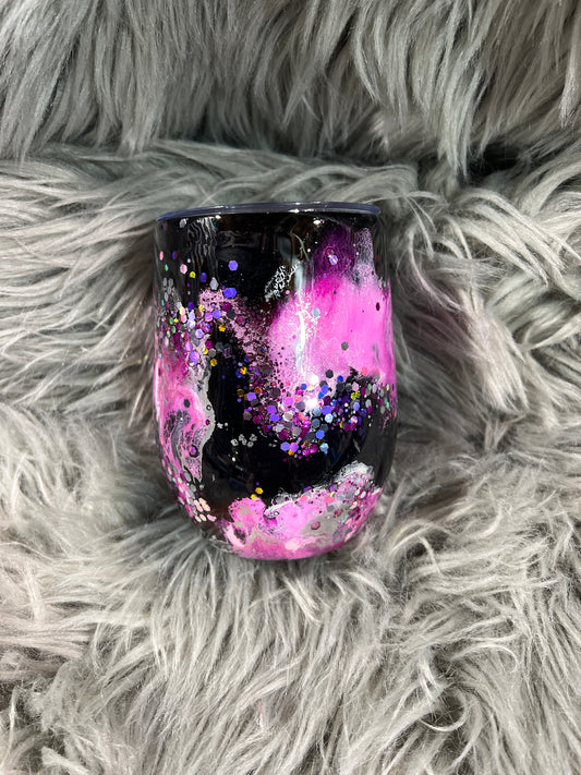 Clearance-RTS. Pretty in Pink-Black Base Ink Drop 12oz wine -ready for free personalization