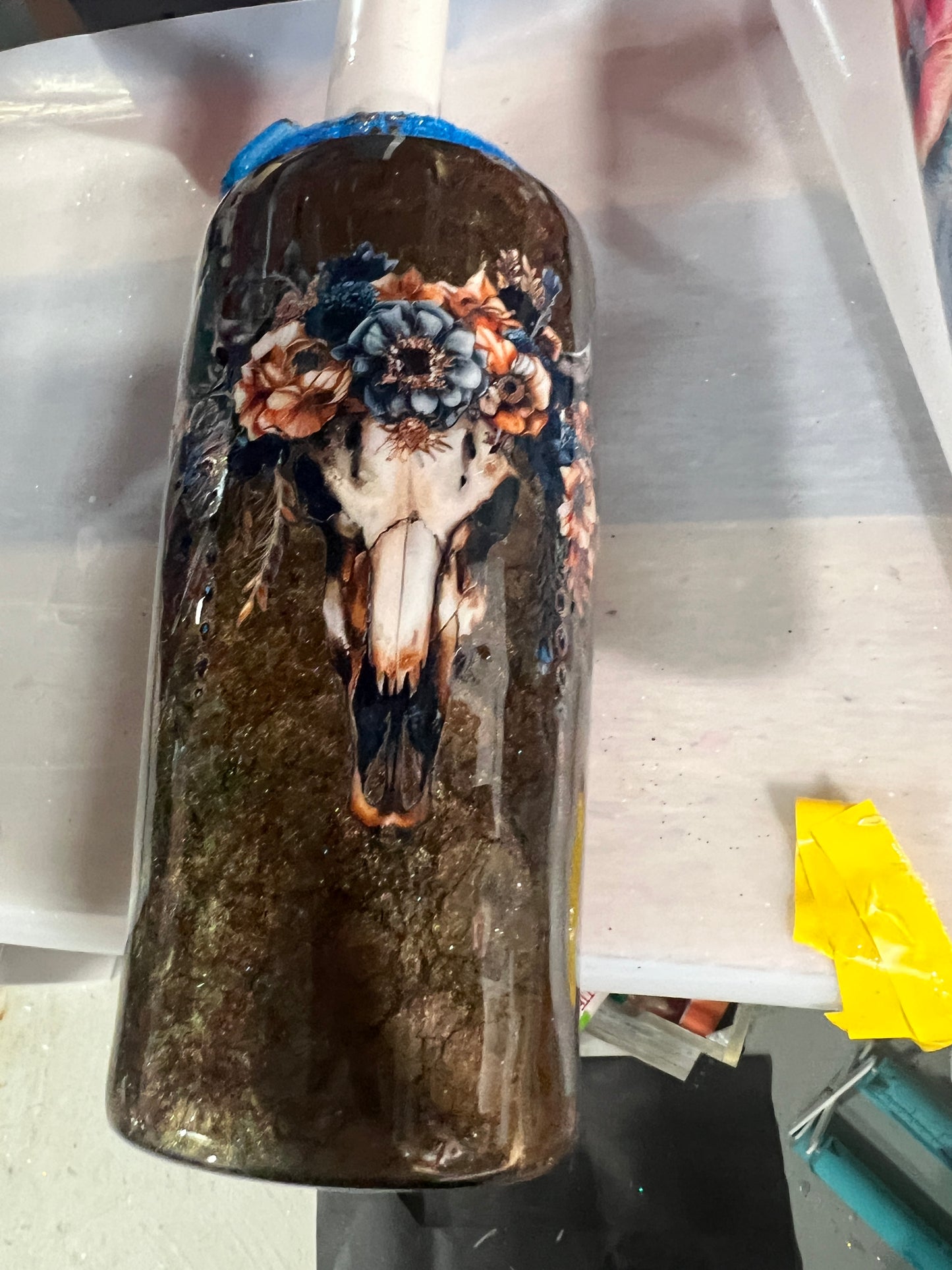 RTS. Patina bull skull 4 in 1 tumbler and can koozie