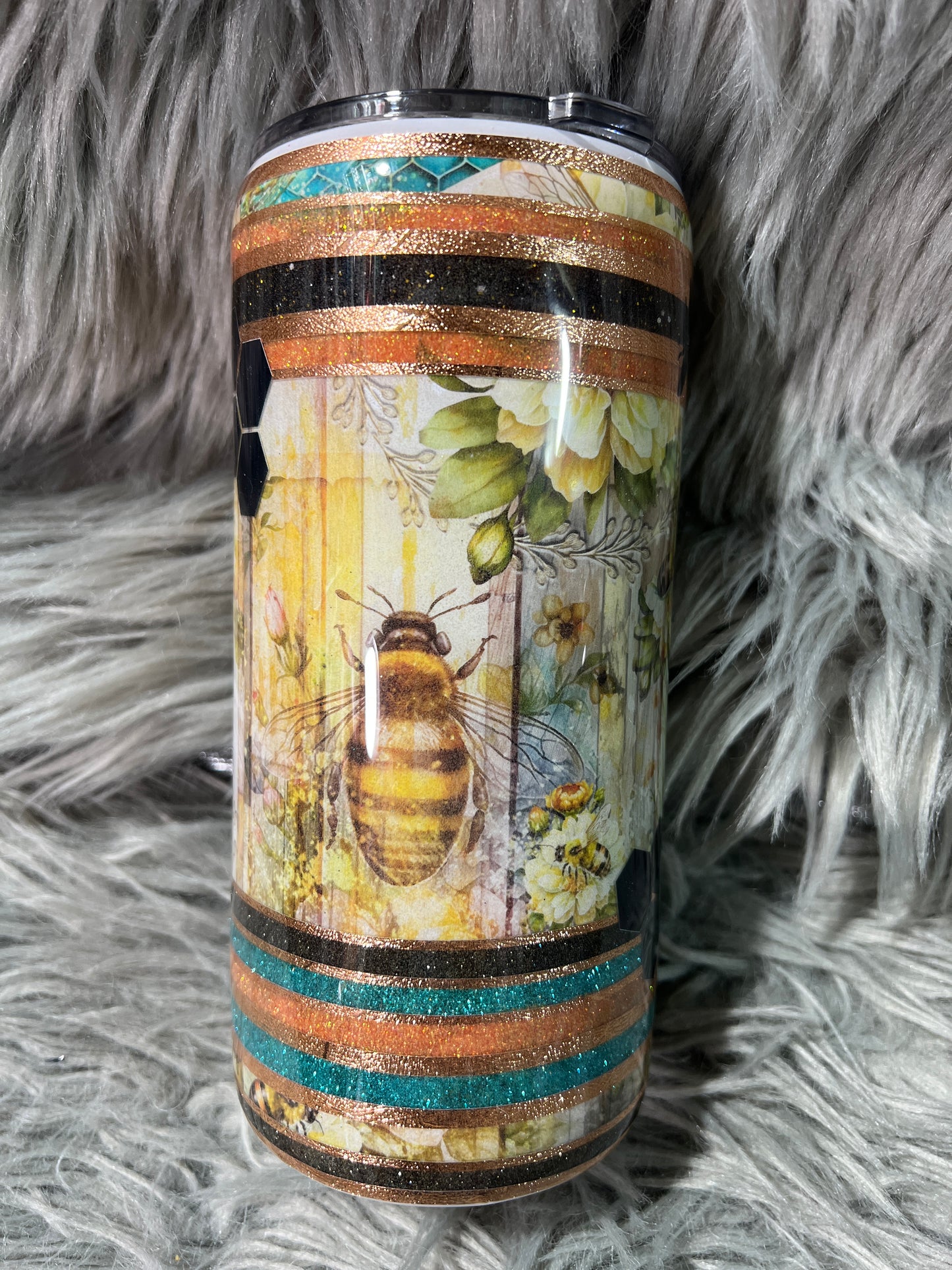 Clearance-RTS. Bees with floral and striping 20oz chubby