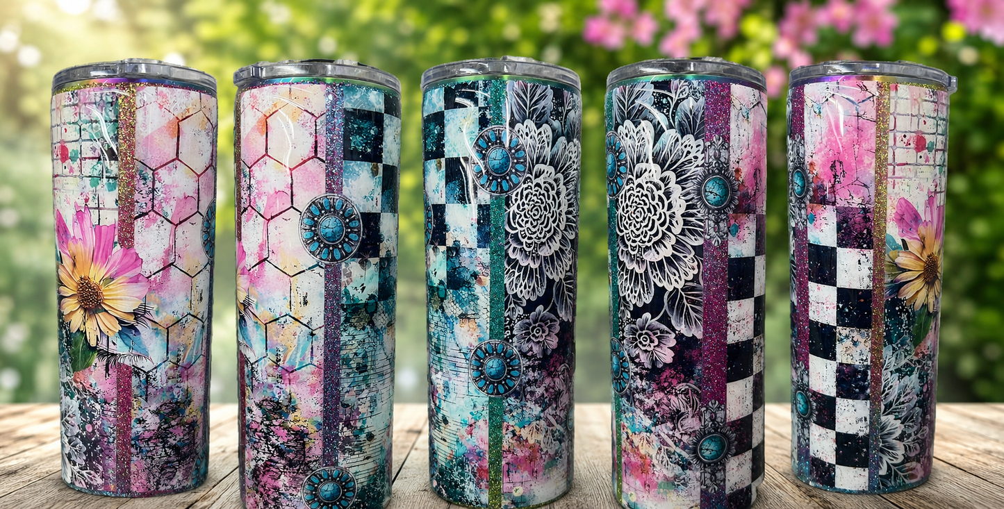 RTS. Checked rainbow daisy 24oz plump tipsy tumbler