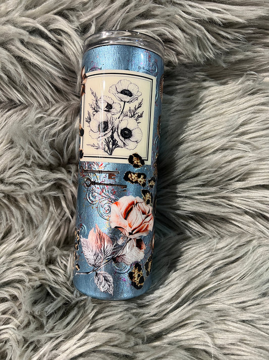 RTS.  Antique look Silver blue mica base with scrapbook detailing 20oz