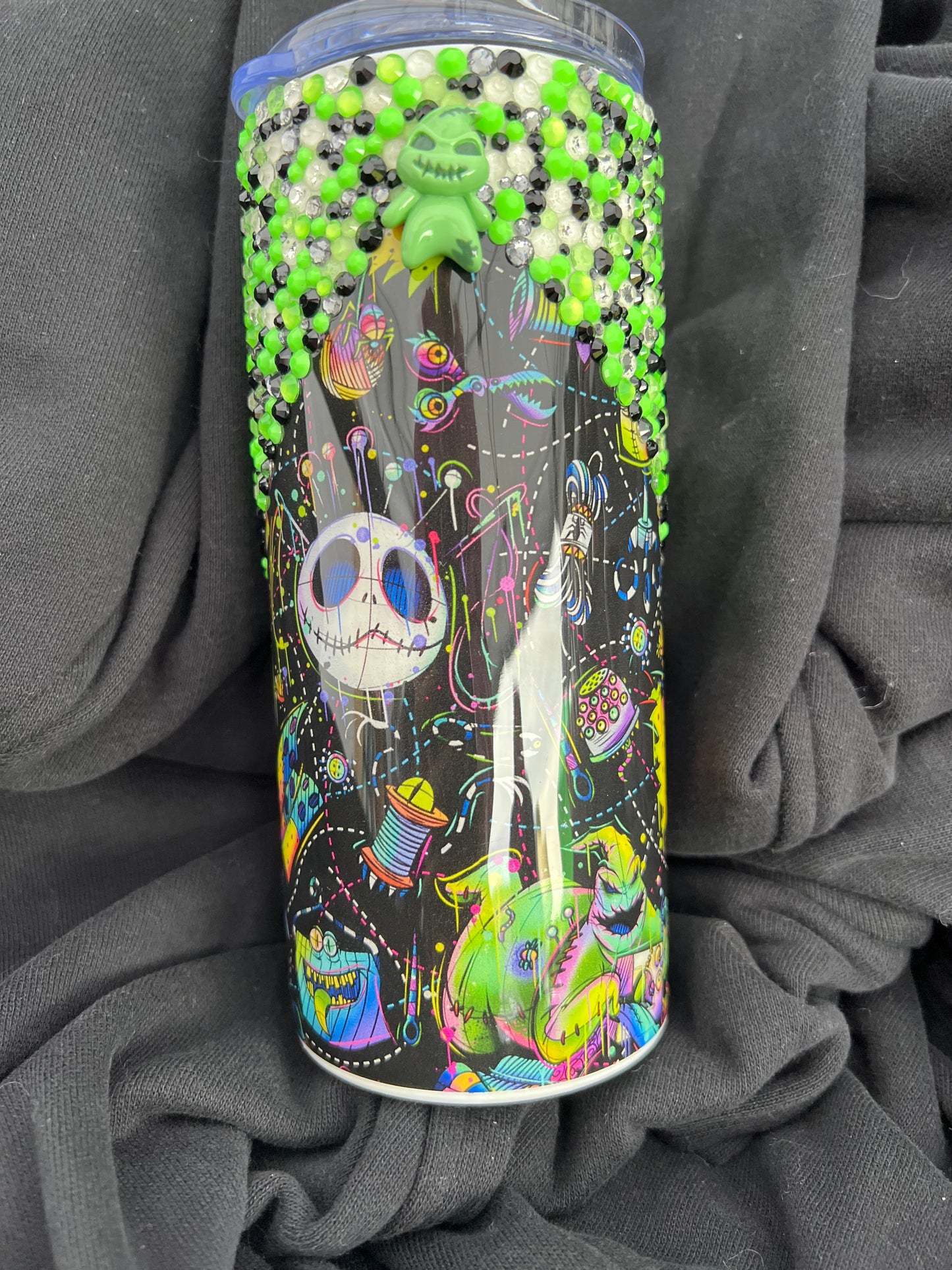 RTS.  Glow Oogieboogie nightmare Christmas rhinestone epoxy tumbler 16oz