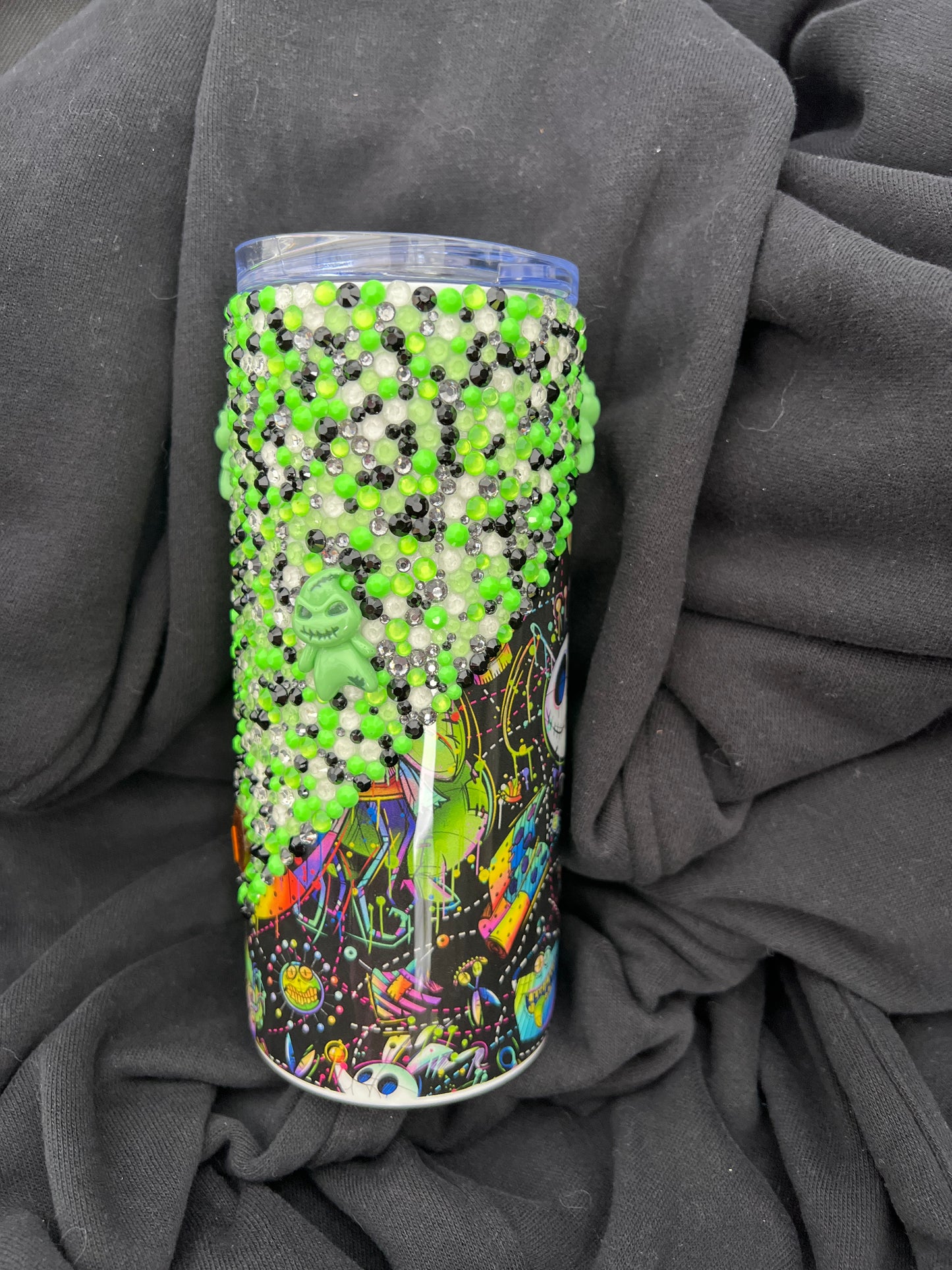 RTS.  Glow Oogieboogie nightmare Christmas rhinestone epoxy tumbler 16oz