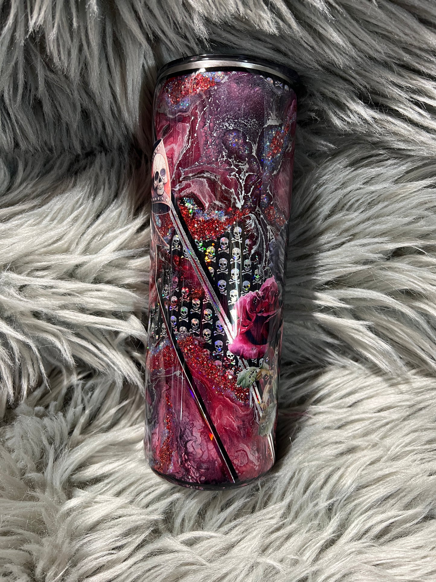 RTS.  Red reverse marble with skulls and a bow 20oz