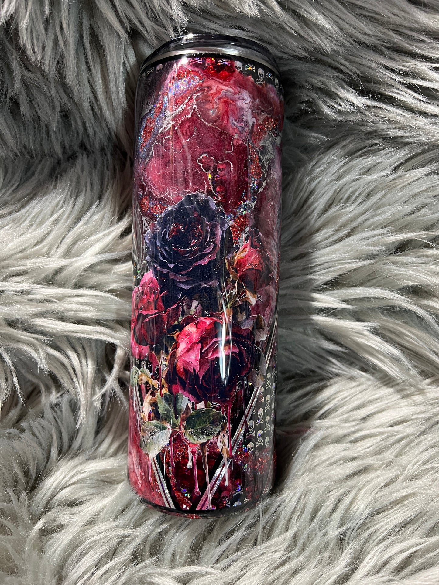RTS.  Red reverse marble with skulls and a bow 20oz