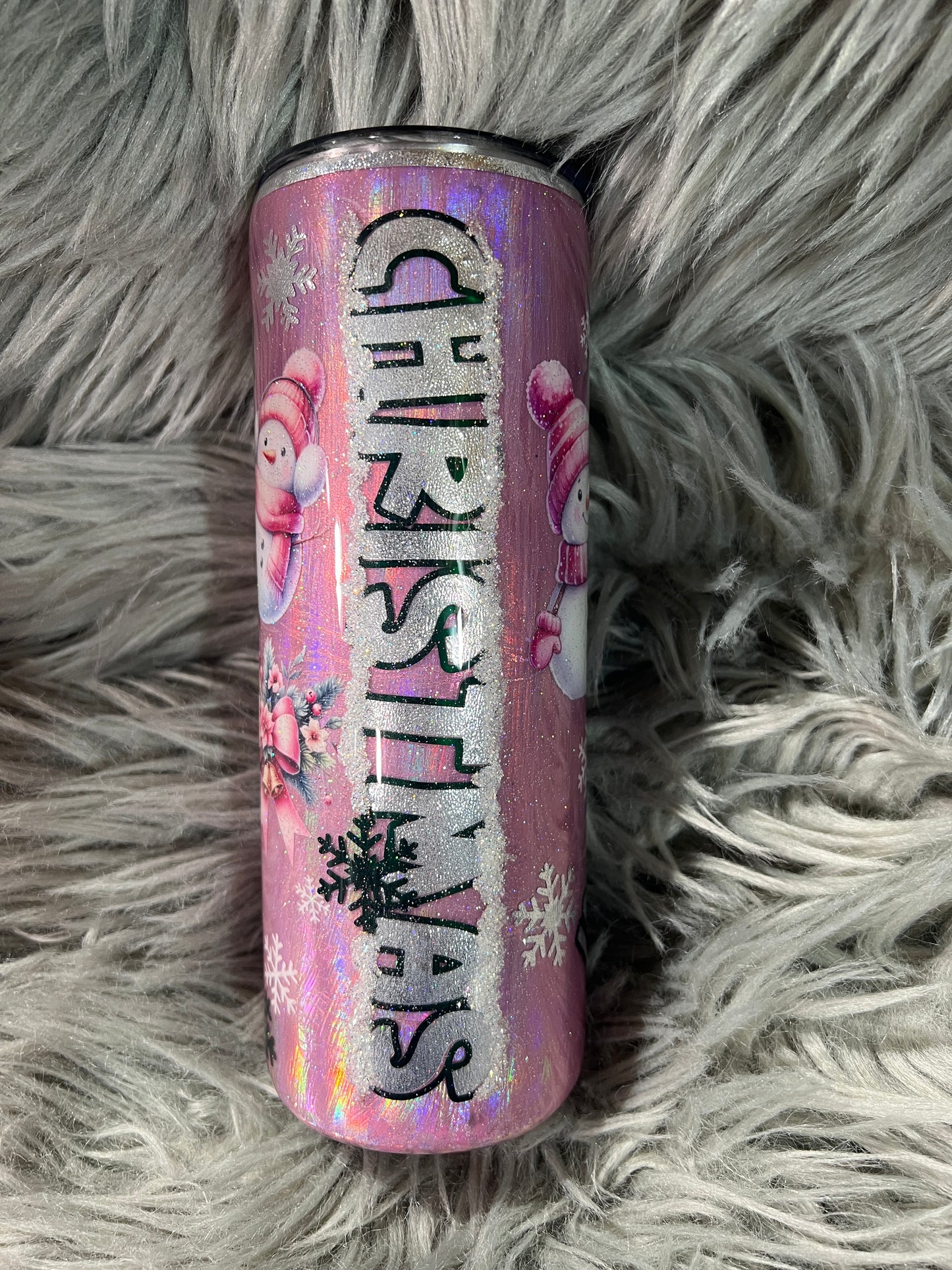New!! RTS.  Pink halo foil base Christmas snowman tumbler 20oz