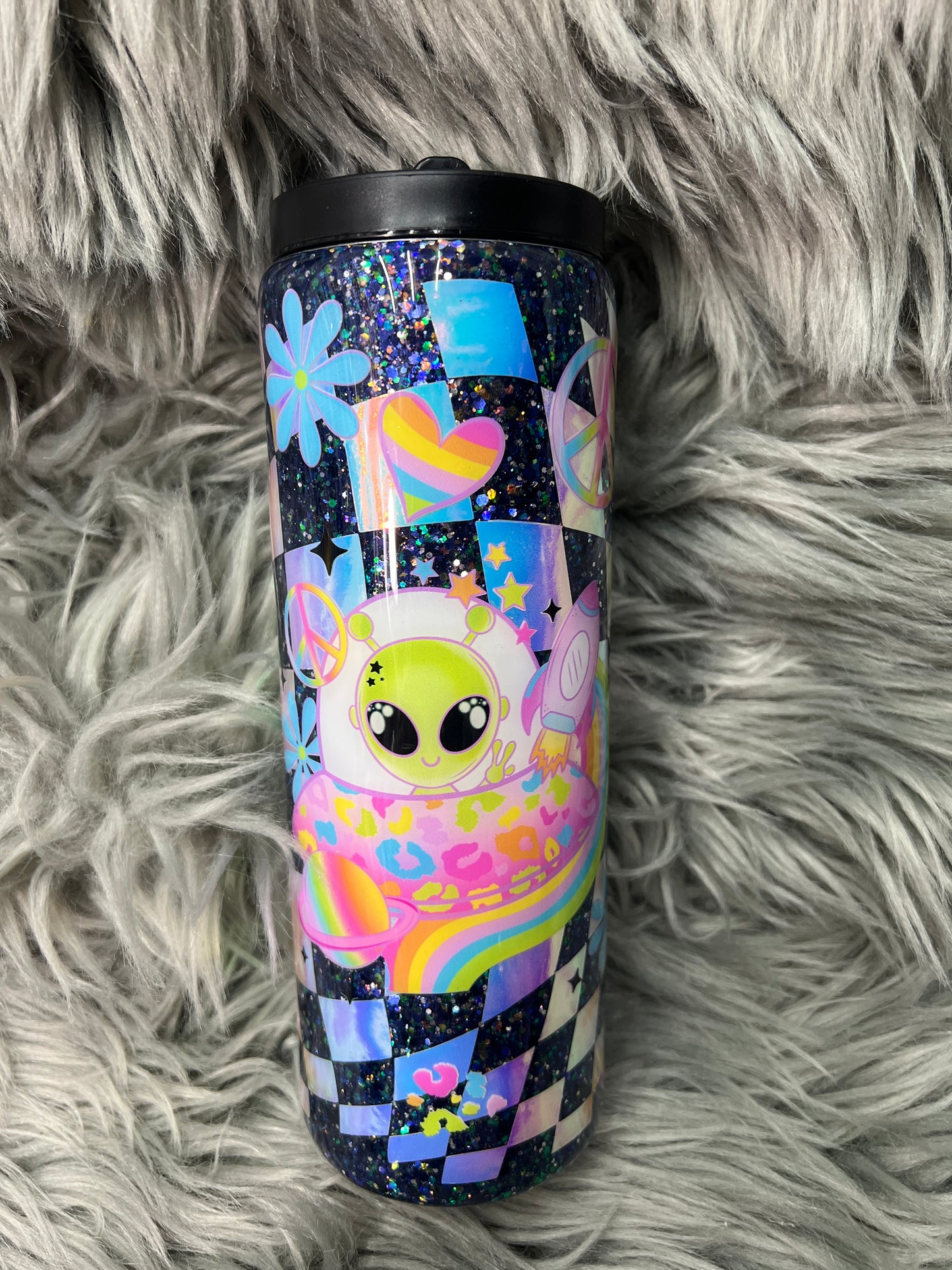 New RTS.  Glitter glow in the dark alien in outer space 20oz duo