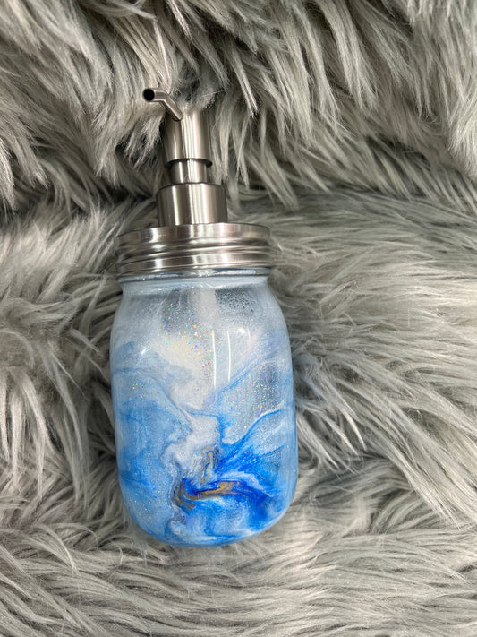 RTS. Hand Soap Pump Dispenser (not foam) blues and white, with silver.