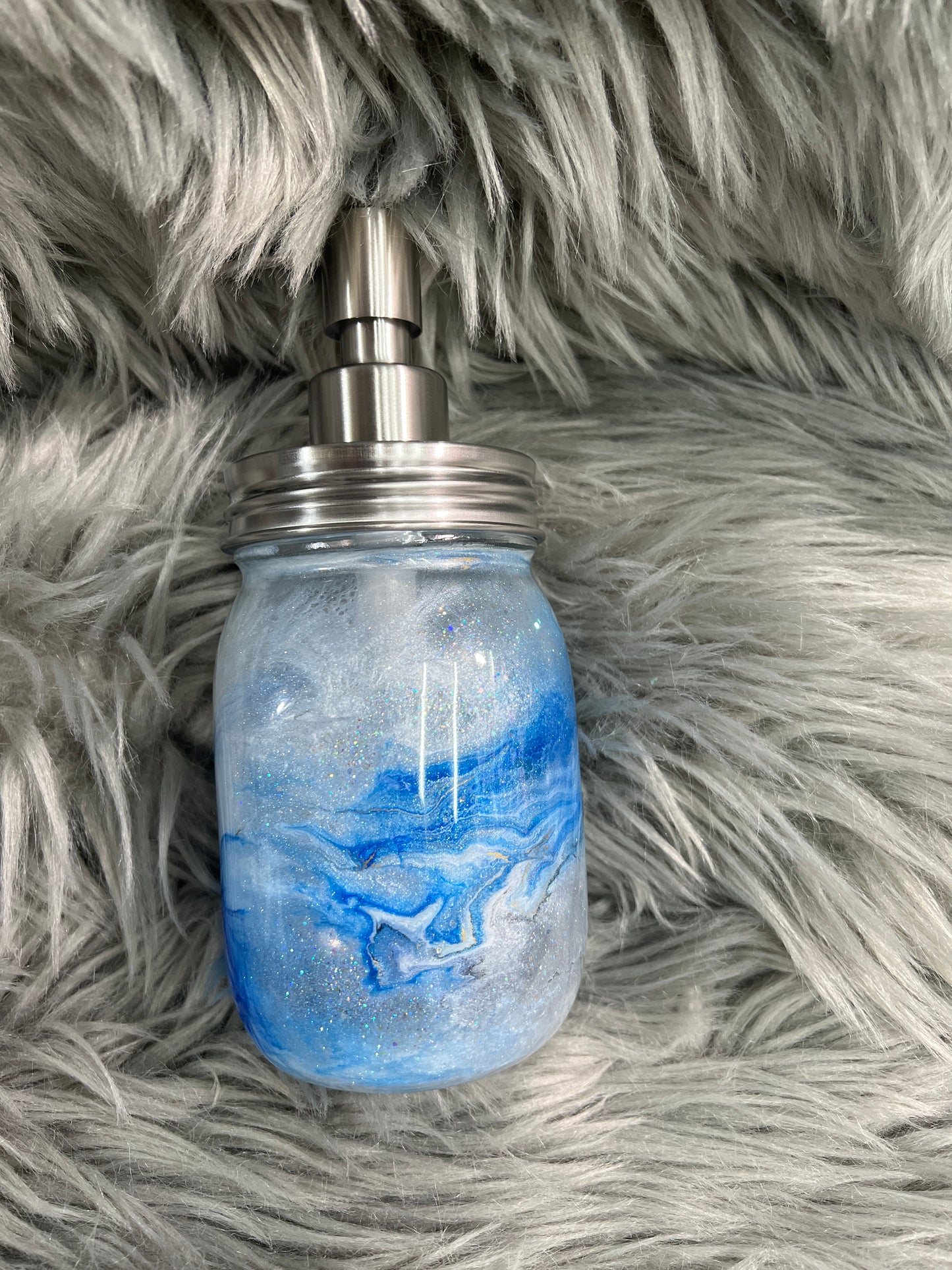 RTS. Hand Soap Pump Dispenser (not foam) blues and white, with silver.