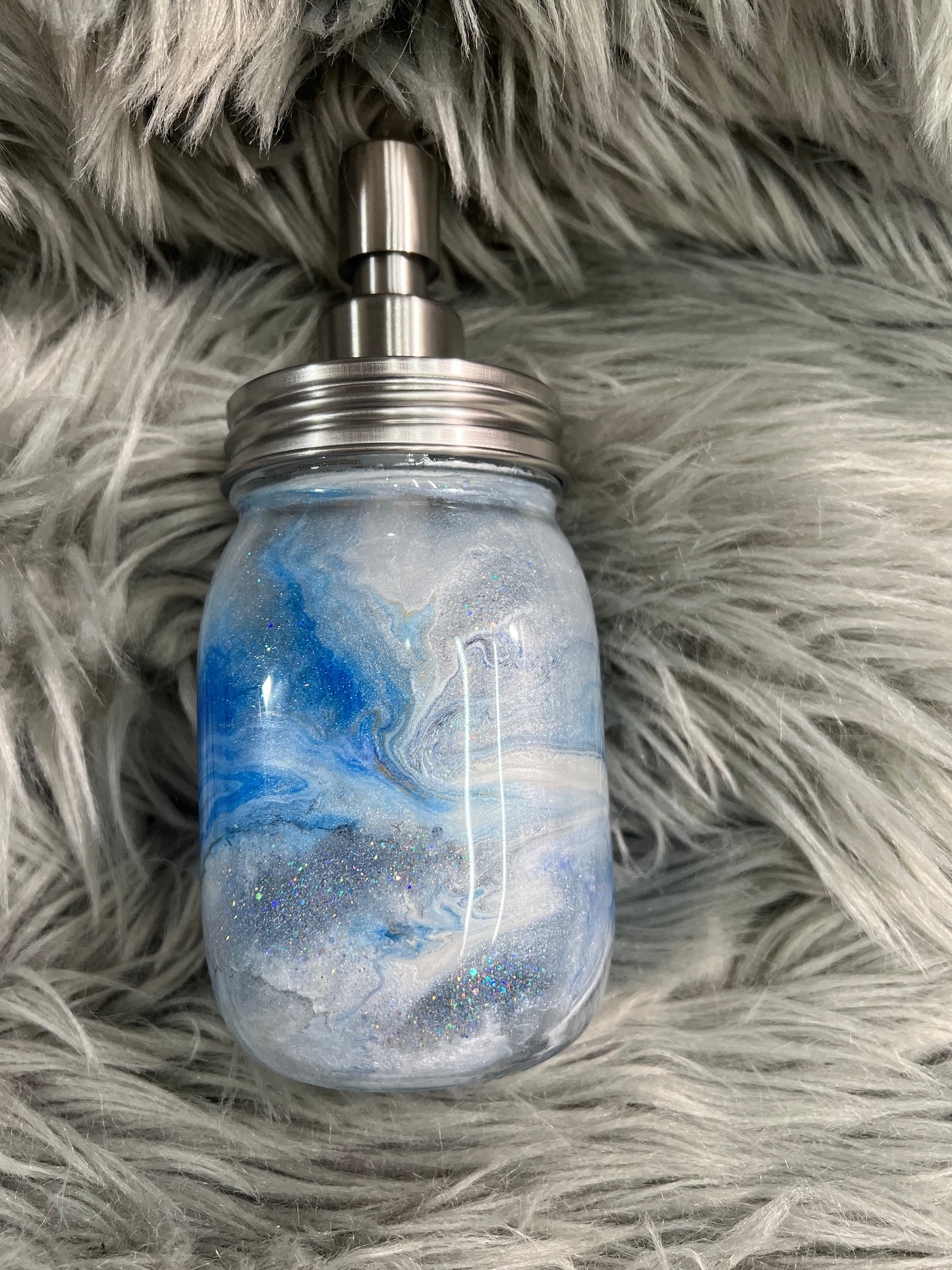 RTS. Hand Soap Pump Dispenser (not foam) blues and white, with silver.