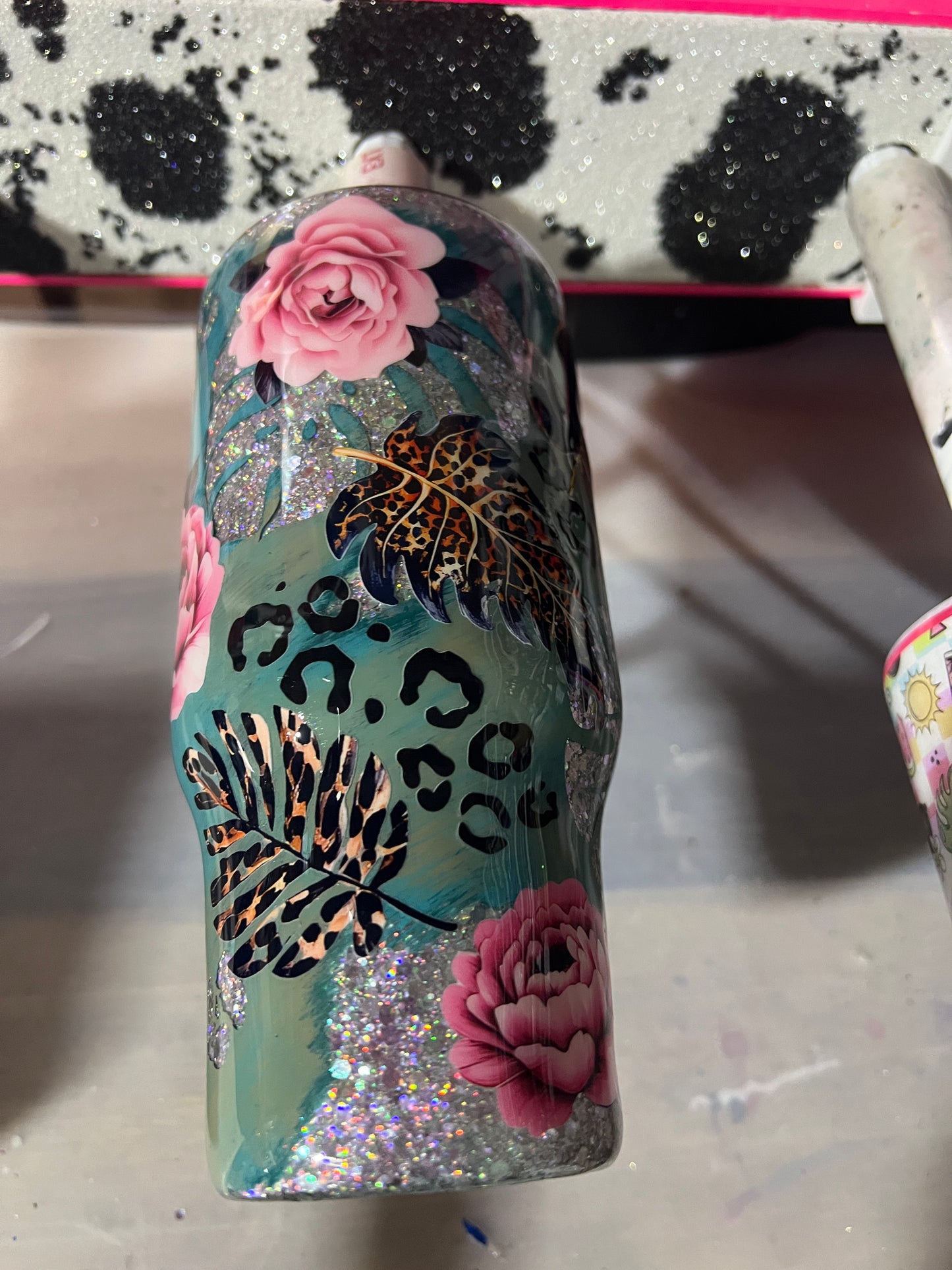 RTS.  pink monstera cheetah peekaboo 24oz Tipsy travel mug with Handle