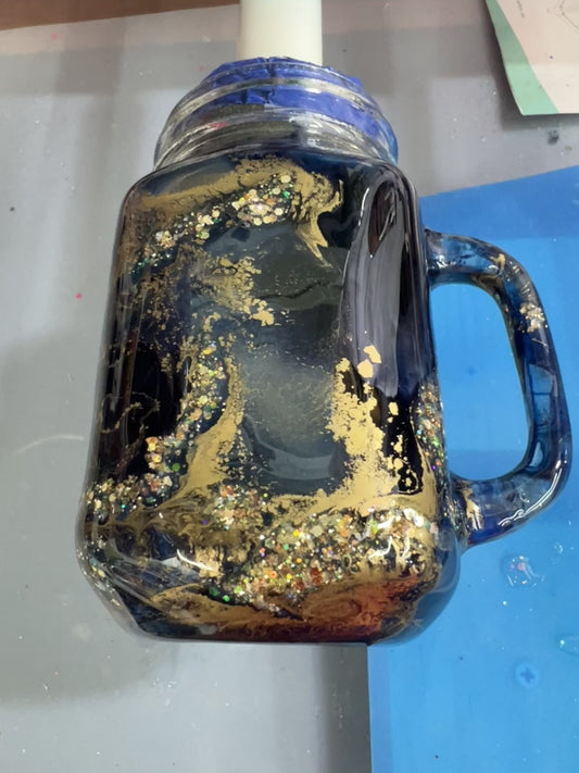 16oz alcohol ink glass cup with handle.